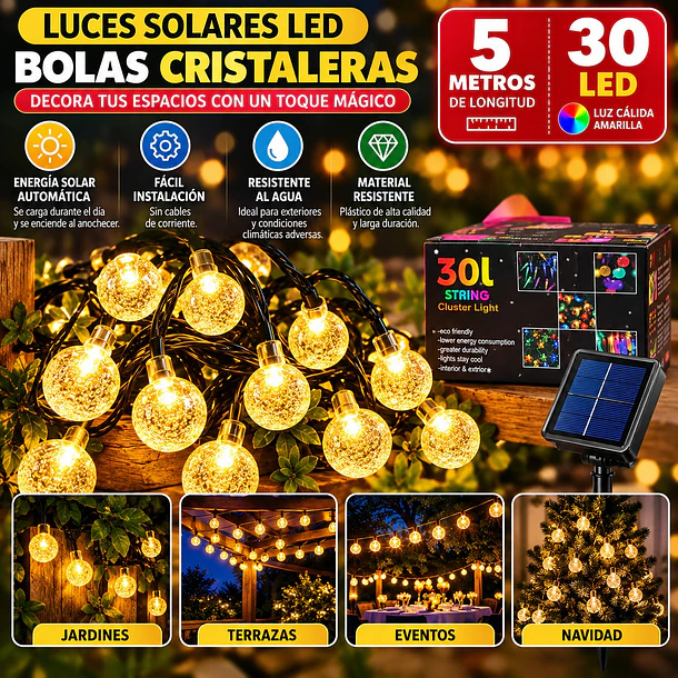 Guirnalda De Luces Solar Led Esferas Cristal 5 Metros 30 Led 9