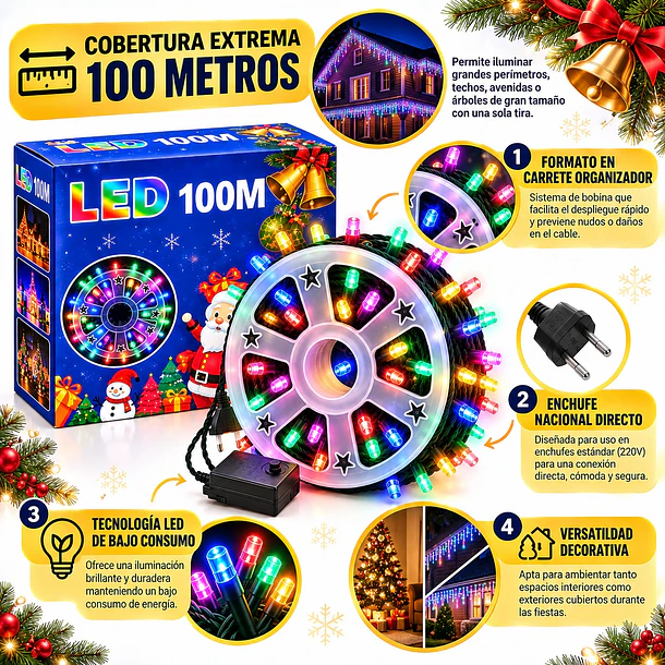 Luces Navideñas Led 100 Metros En Carrete Enchufe Nacional 6