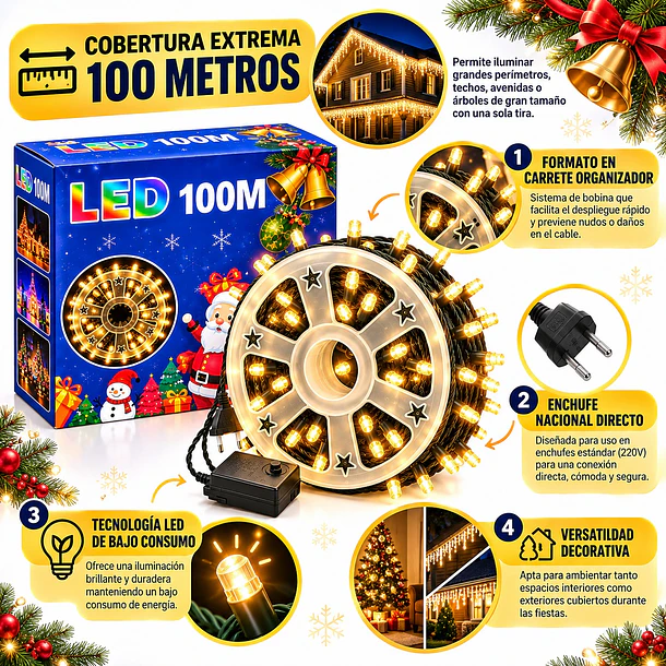 Luces Navideñas Led 100 Metros En Carrete Enchufe Nacional 12