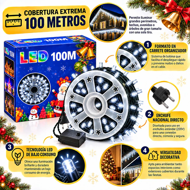 Luces Navideñas Led 100 Metros En Carrete Enchufe Nacional 4