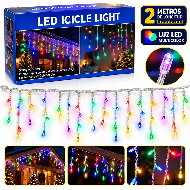 Luces Cortina Cascada Led Solar Multicolor 2 Metros Exterior 1