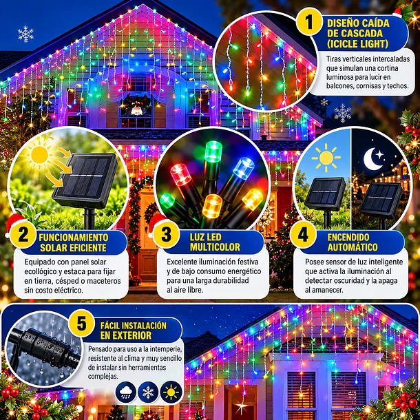 Luces Cortina Cascada Led Solar Multicolor 2 Metros Exterior 4