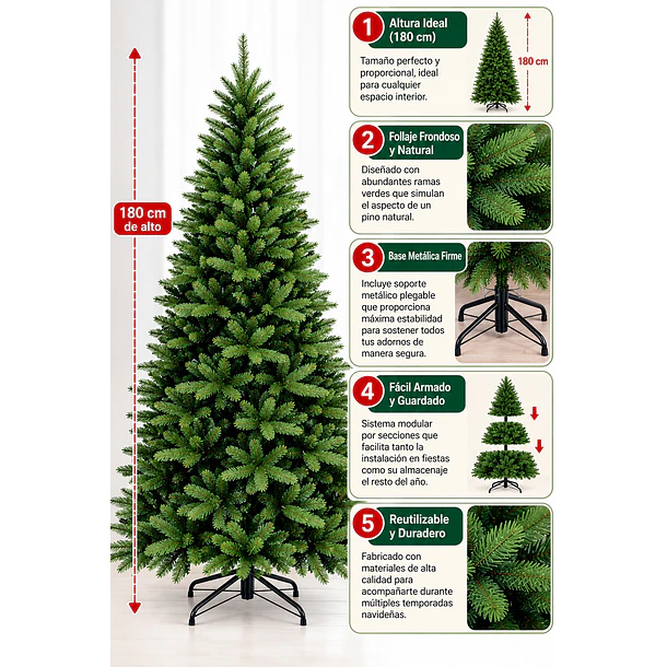 Árbol De Navidad Artificial Pino Clásico 180cm Base Metálica 4