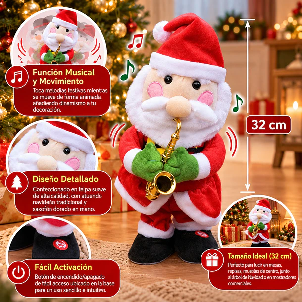 Muñeco Navideño Musical Con Movimiento Saxofón De 32 Cm 4