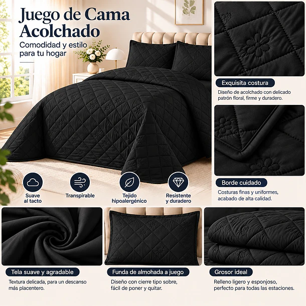 Cubrecama + 2 Fundas Acolchado Hipoalergénico 230x250 2p 3