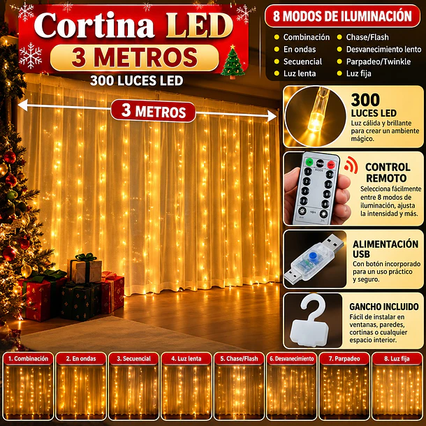 Cortina De Luces Led 3 Metros 300 Led Usb Control Remoto 7