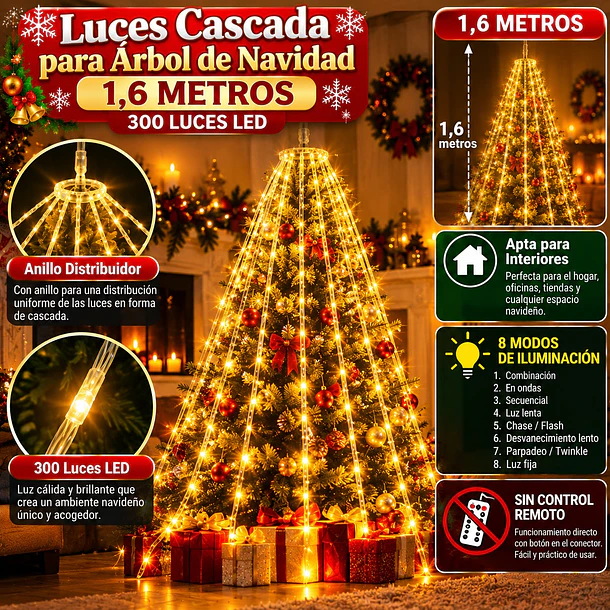 Luces Cascada Led Con Anillo Para Árbol De Navidad 1.6m 2