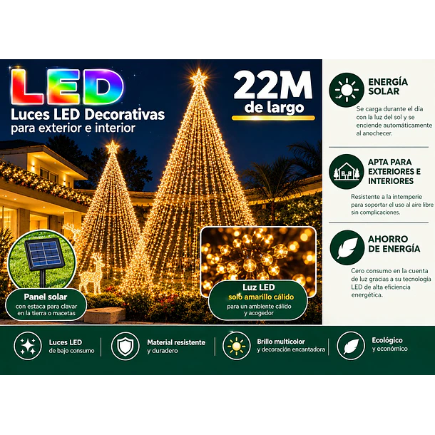 Luces Led Solar Navideña Guirnaldas 22 Metros Luz Cálida 3