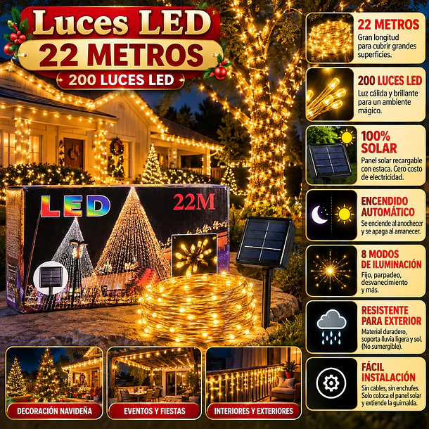 Luces Led Solar Navideña Guirnaldas 22 Metros Luz Cálida 4