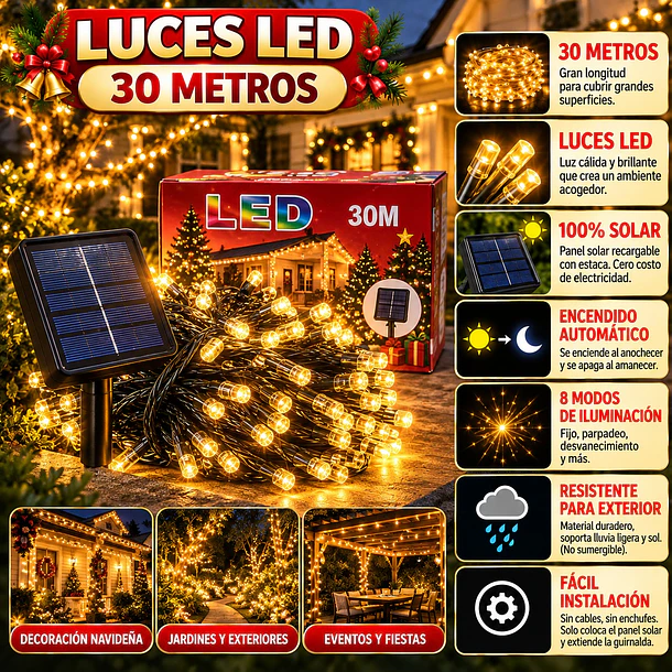 Luces Led Navidad Solar Guirnaldas Decorativas De 30 Metros 2