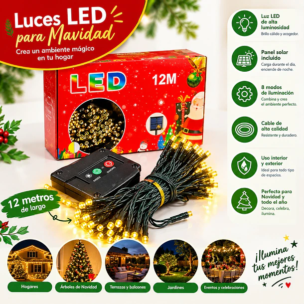 Luces Solares Led Navideñas 12m Guirnalda Exterior Cálida 2