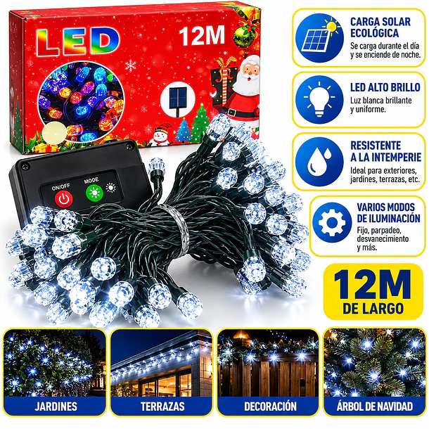 Luces Solares Navideñas 12m Guirnalda Exterior Blanco Frio 2