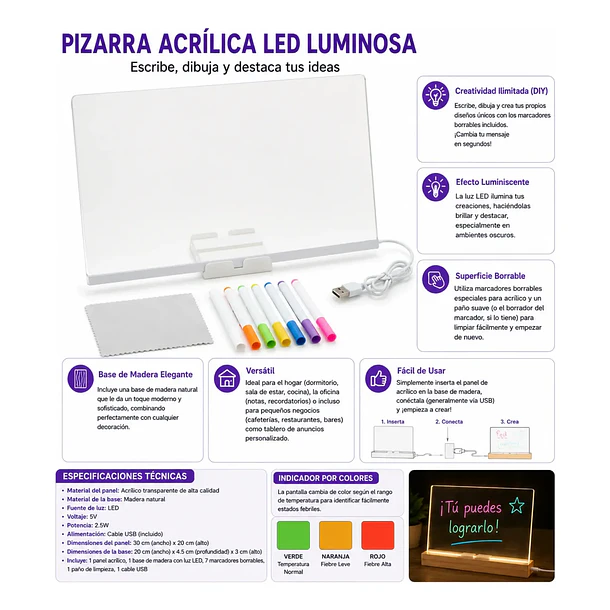 Pizarra De Acrílico Led Con Marcadores Borrables Diy Lamp 4