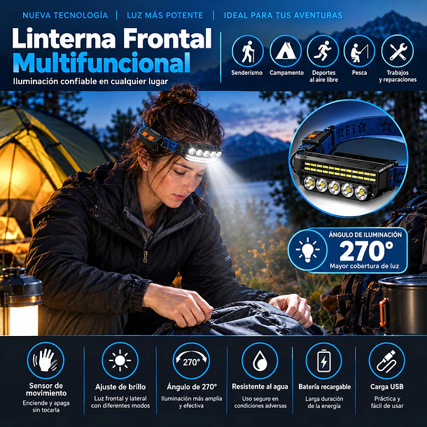 Linterna Frontal LED Recargable COB, Treking, Camping y Emergencias 4