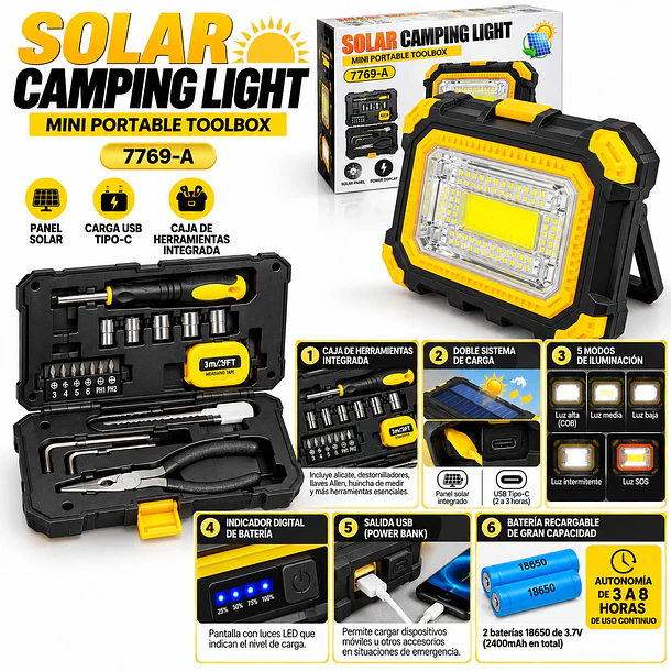Linterna Reflector Solar Camping Con Caja De Herramientas 5