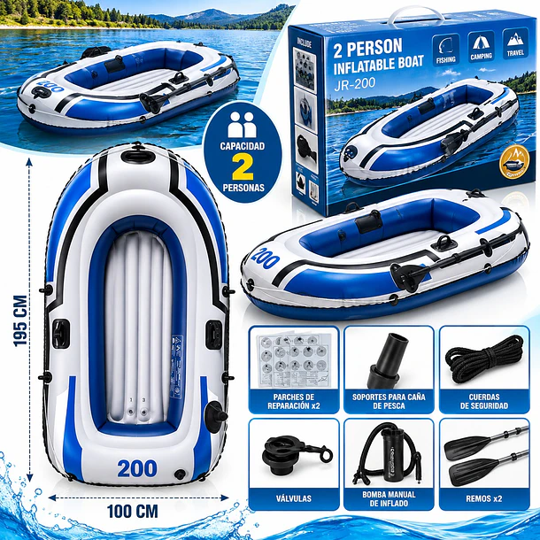Bote Inflable Para 2 Personas 195x100cm Carga 168kg Jr-200 5