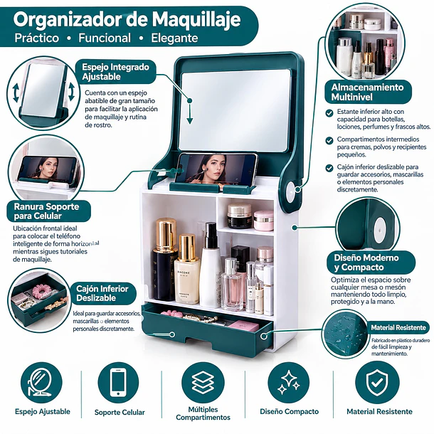 Organizador De Maquillaje Con Espejo Y Cajón Estante 2