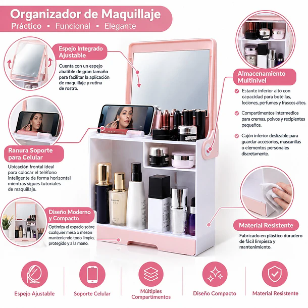 Organizador De Maquillaje Con Espejo Y Cajón Estante 8