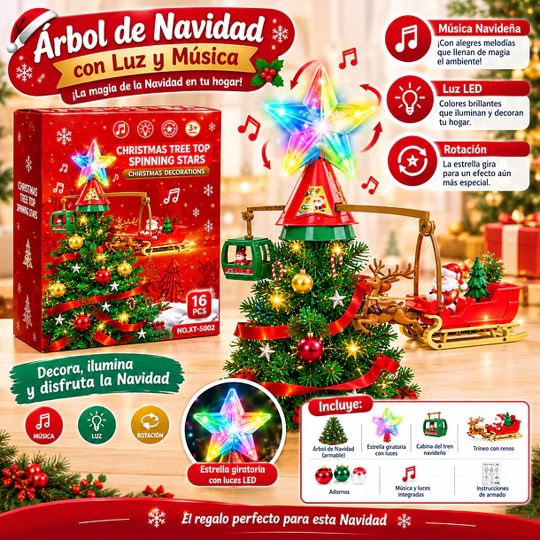 Adorno Para Árbol De Navidad Estrella Led Giratoria Musical 7
