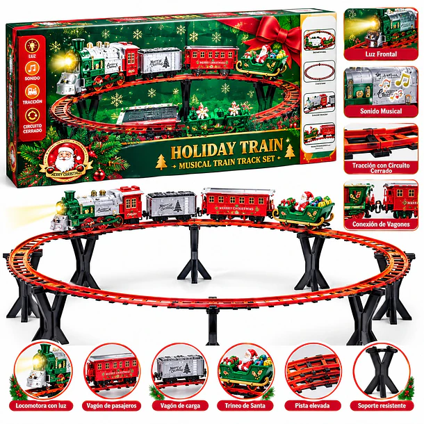 Adorno Tren Navideño Eléctrico Elevado con Luces, Sonido y Vías (270 cm) 3