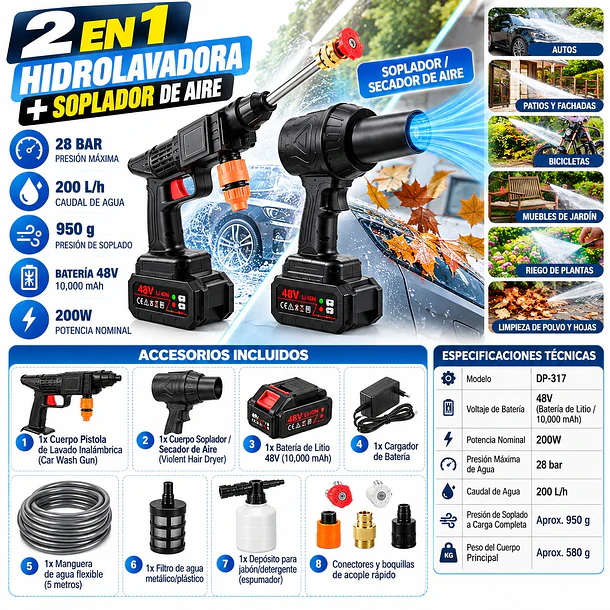 Hidrolavadora Inalámbrica 48V y Soplador/Secador Portátil 2 en 1 6