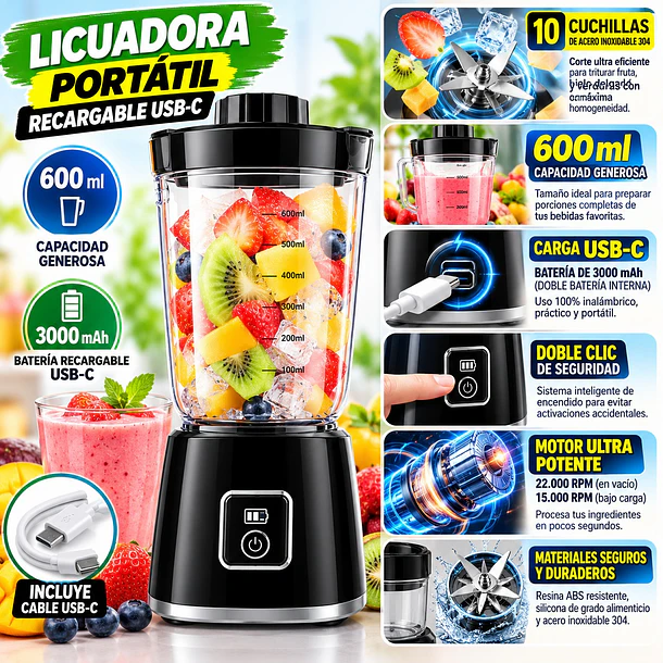 Licuadora Portátil Recargable Usb 600ml Pantalla Led 4