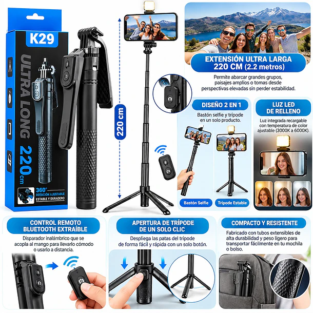 Trípode Y Bastón Selfie Extra Largo K29 (220 Cm) Con Luz y Bluetooth 4