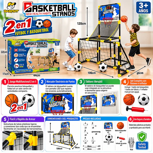 Set Deportivo Infantil 2 en 1 Arco de Fútbol y Aro de Basquetbol con Contador Electrónico 5