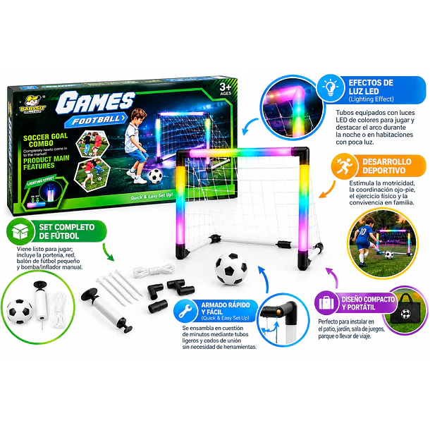 Arco De Fútbol Infantil Portable Luces Led Pelota E Inflador 5