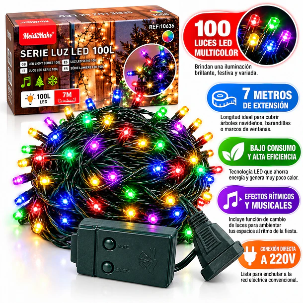 Luces De Navidad Multicolor Musical 100 Luces 7 Metros 2