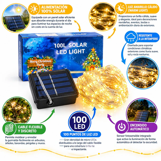 Luces Decorativas Solares 100 Led Amarillo Cálido 2