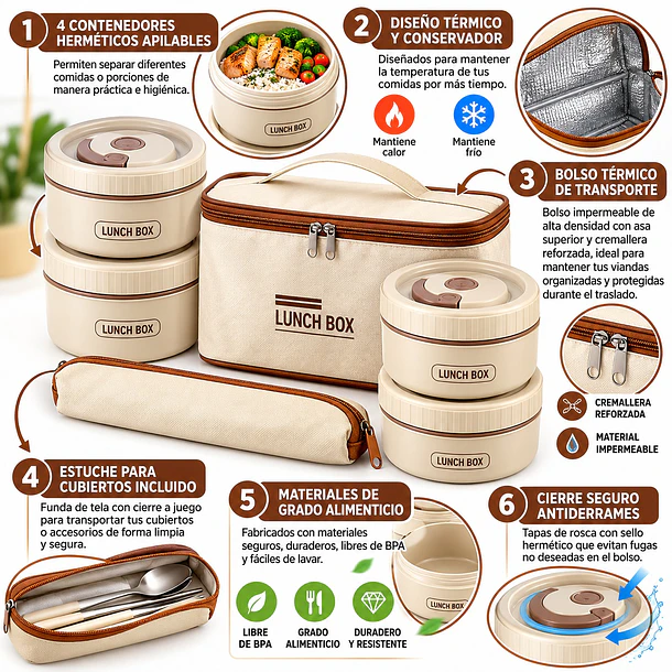 Lonchera Box Set De 4 Viandas Térmicas Con Bolso Térmico 5