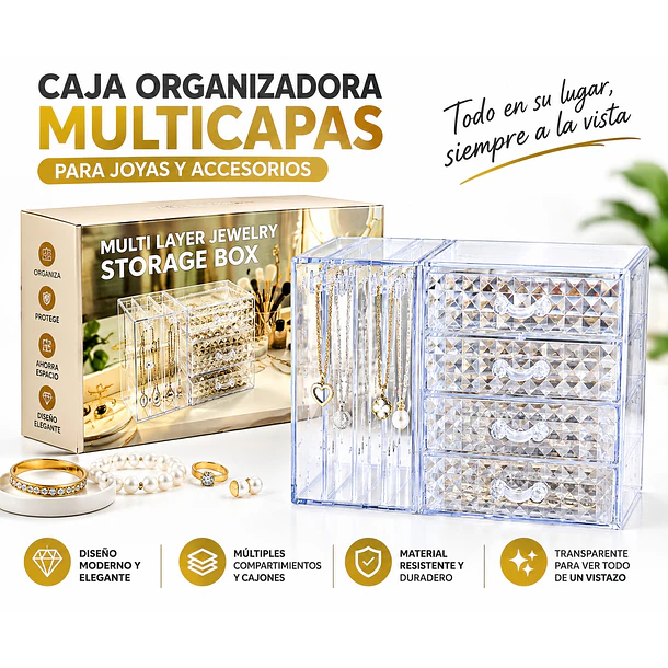 Organizador De Joyas Joyero Acrílico 4 Cajones 2 Paneles 3