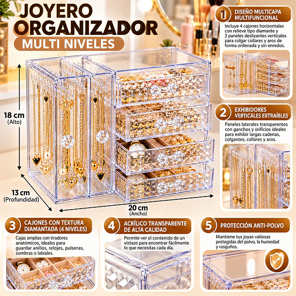 Organizador De Joyas Joyero Acrílico 4 Cajones 2 Paneles 4