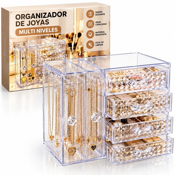 Organizador De Joyas Joyero Acrílico 4 Cajones 2 Paneles 1