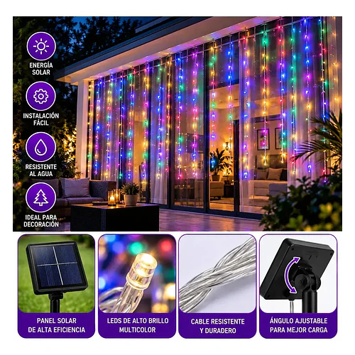 Guirnalda Cortina De Luces Led Solar 3x2 Metros Multicolor