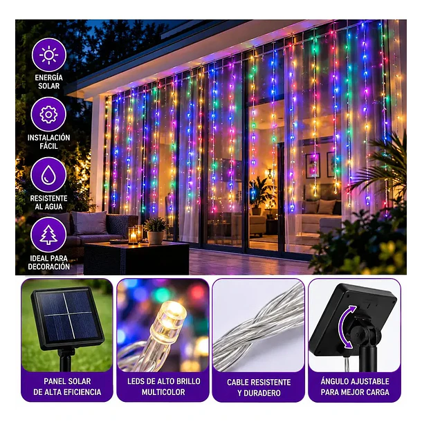 Guirnalda Cortina De Luces Led Solar 3x2 Metros Multicolor 1