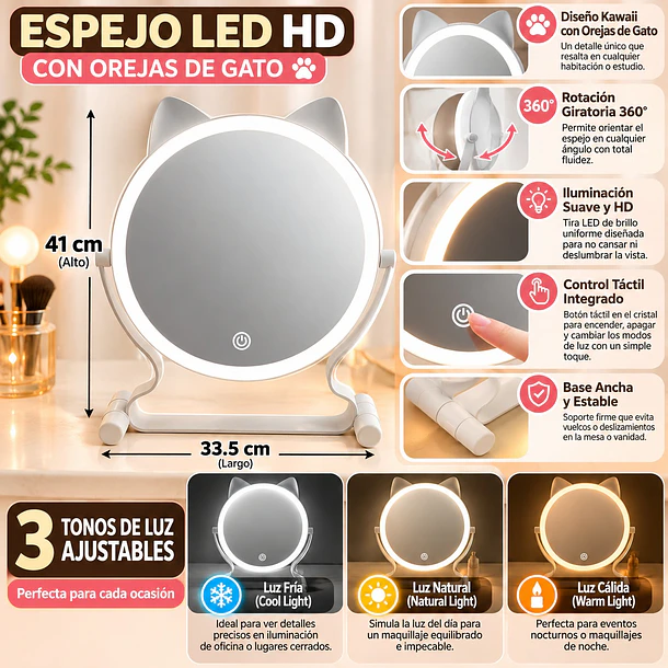 Espejo De Maquillaje Led Con Orejas De Gato Y 3 Tonos De Luz 3