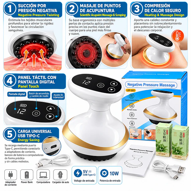Masajeador De Ventosas Con Succión, Calor Y Acupuntura Usb 6