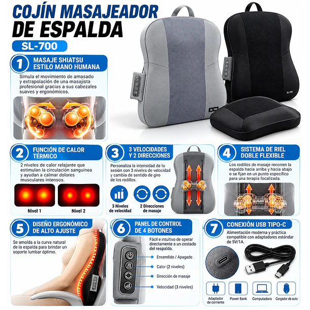 Cojín Masajeador De Espalda Calor Y Cabezales Desplazables 4