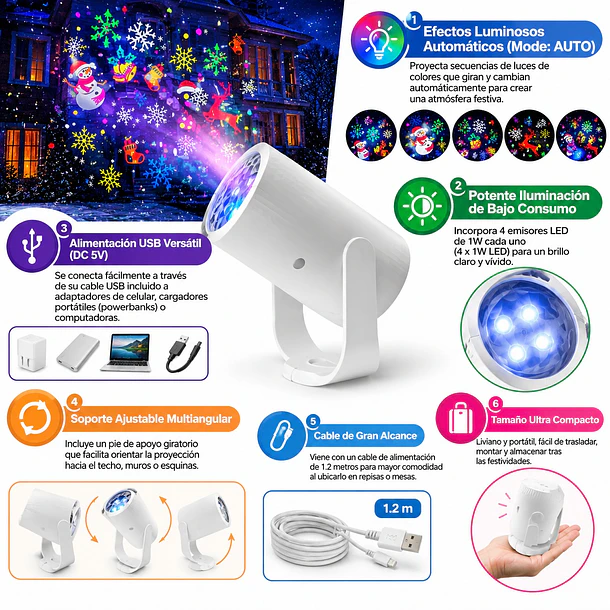 Proyector Led Navideño Y Festivo Compacto Carga Usb 5