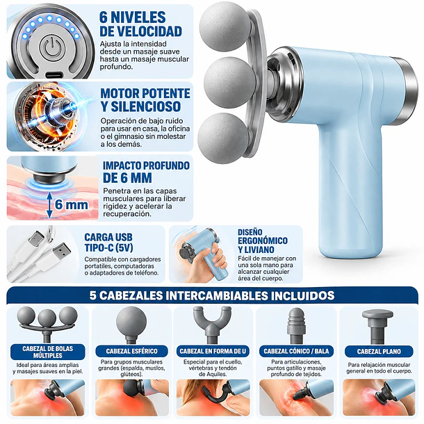 Pistola De Masaje Muscular Fascial con 5 Cabezales y 6 Velocidades 2