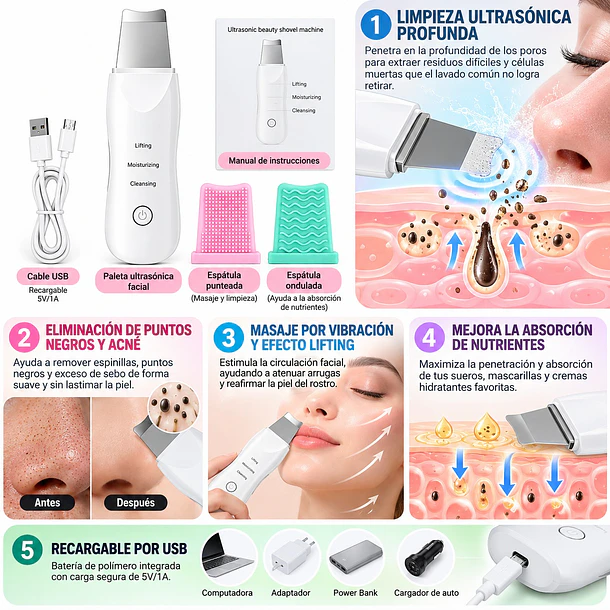 Espátula Ultrasónica Facial Limpiador De Poros y Puntos Negros 5