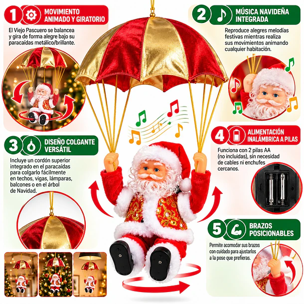 Adorno Navideño Animado Viejo Pascuero En Paracaídas Musical 3