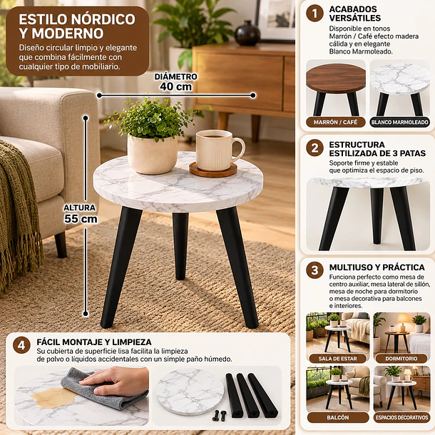 Mesa Auxiliar Redonda Lateral De Madera Con 3 Patas Nórdica 7