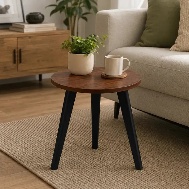 Mesa Auxiliar Redonda Lateral De Madera Con 3 Patas Nórdica 4