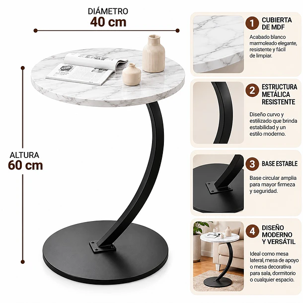 Mesa Auxiliar Lateral Redonda 40x60 cm en Forma de C para Sillón o Cama 9
