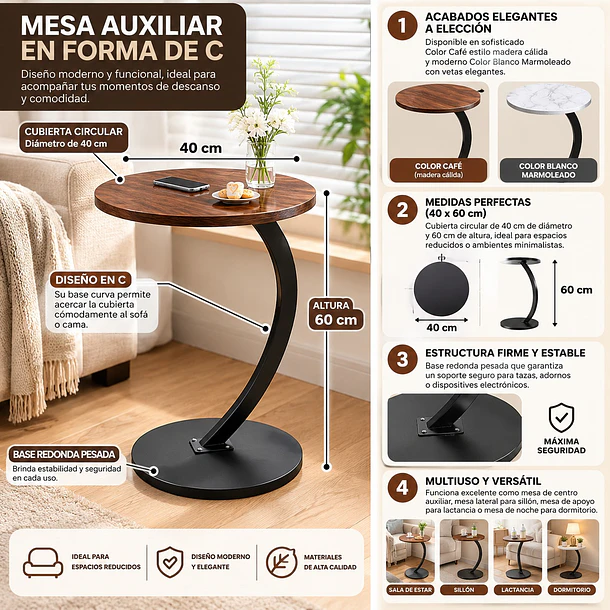 Mesa Auxiliar Lateral Redonda 40x60 cm en Forma de C para Sillón o Cama 5