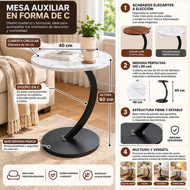 Mesa Auxiliar Lateral Redonda 40x60 cm en Forma de C para Sillón o Cama 7