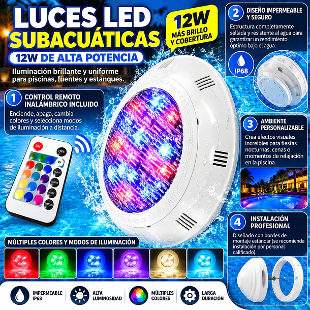 Foco Led Sumergible Para Piscina Con Control Remoto De 12w 5